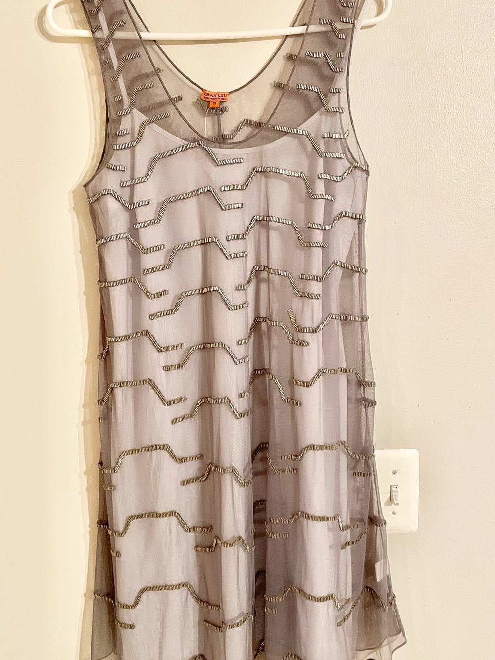 NWT- Chan Luu Silk Chiffon Embellished Beaded Overlay Dress Tunic Gray Medium - Picture 2 of 12